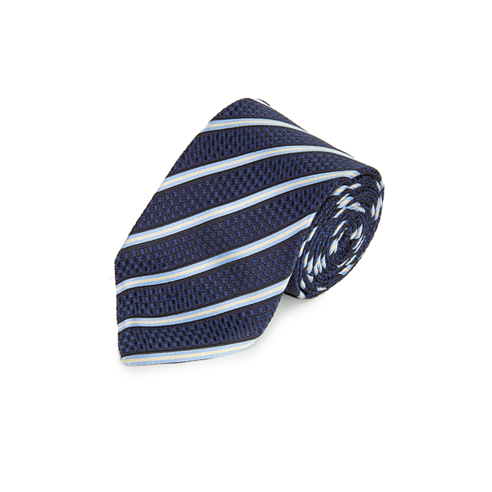 ERMENEGILDO ZEGNA BLACK, MIDNIGHT BLUE, SKY BLUE, WHITE STRIPED TIE | MENS